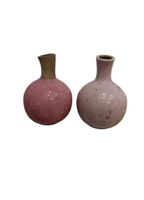 Pink ceramic vase set by Ubrik, with one glossy and one crackle-glazed vase, both featuring unglazed necks.