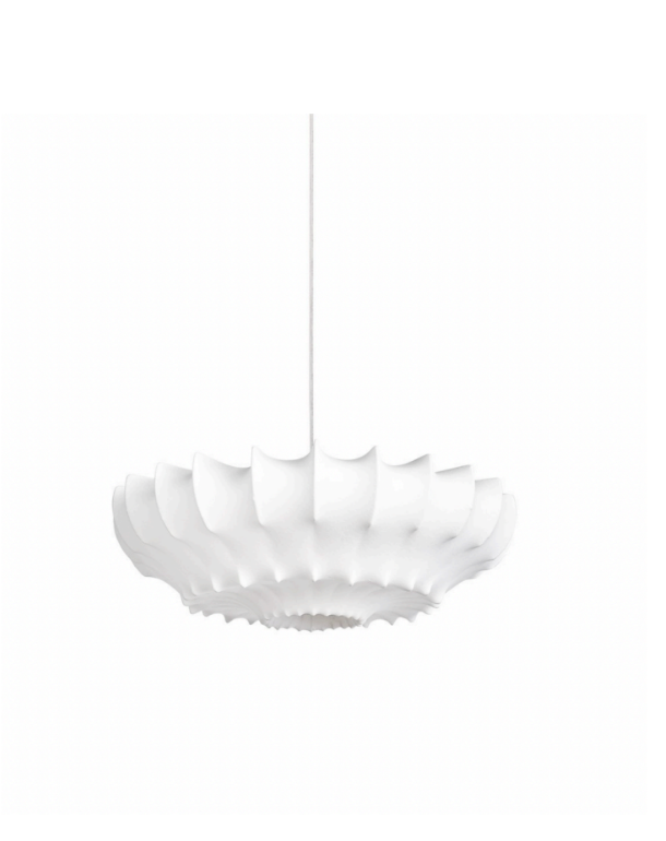 White sculptural pendant lamp with a layered, wavy design hanging from a thin cord.