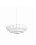 White sculptural pendant lamp with a layered, wavy design hanging from a thin cord.
