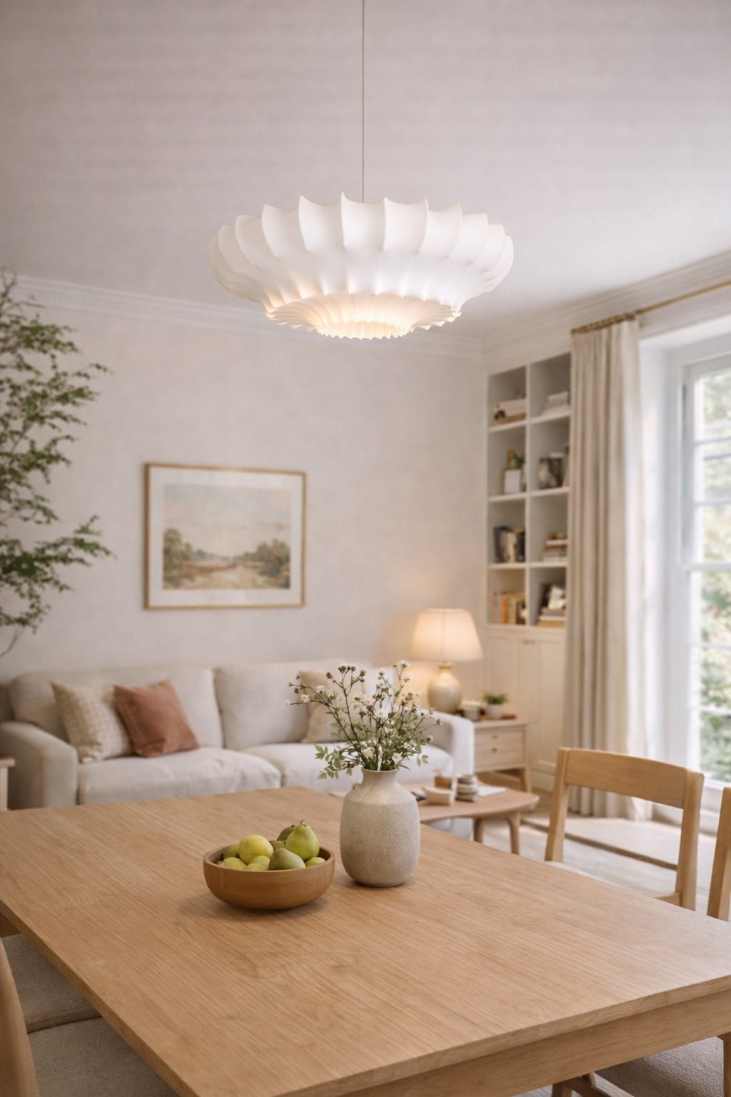White Vampi sculptural pendant lamp with intricate layered design, lighting a modern dining area.