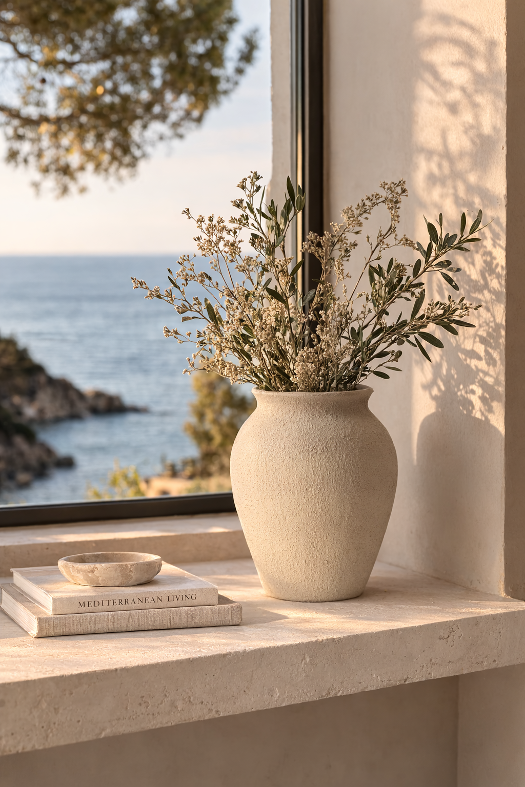 A light beige textured ceramic vase filled with slender green branches and small white flowers, placed on a stone ledge with books, overlooking the ocean.