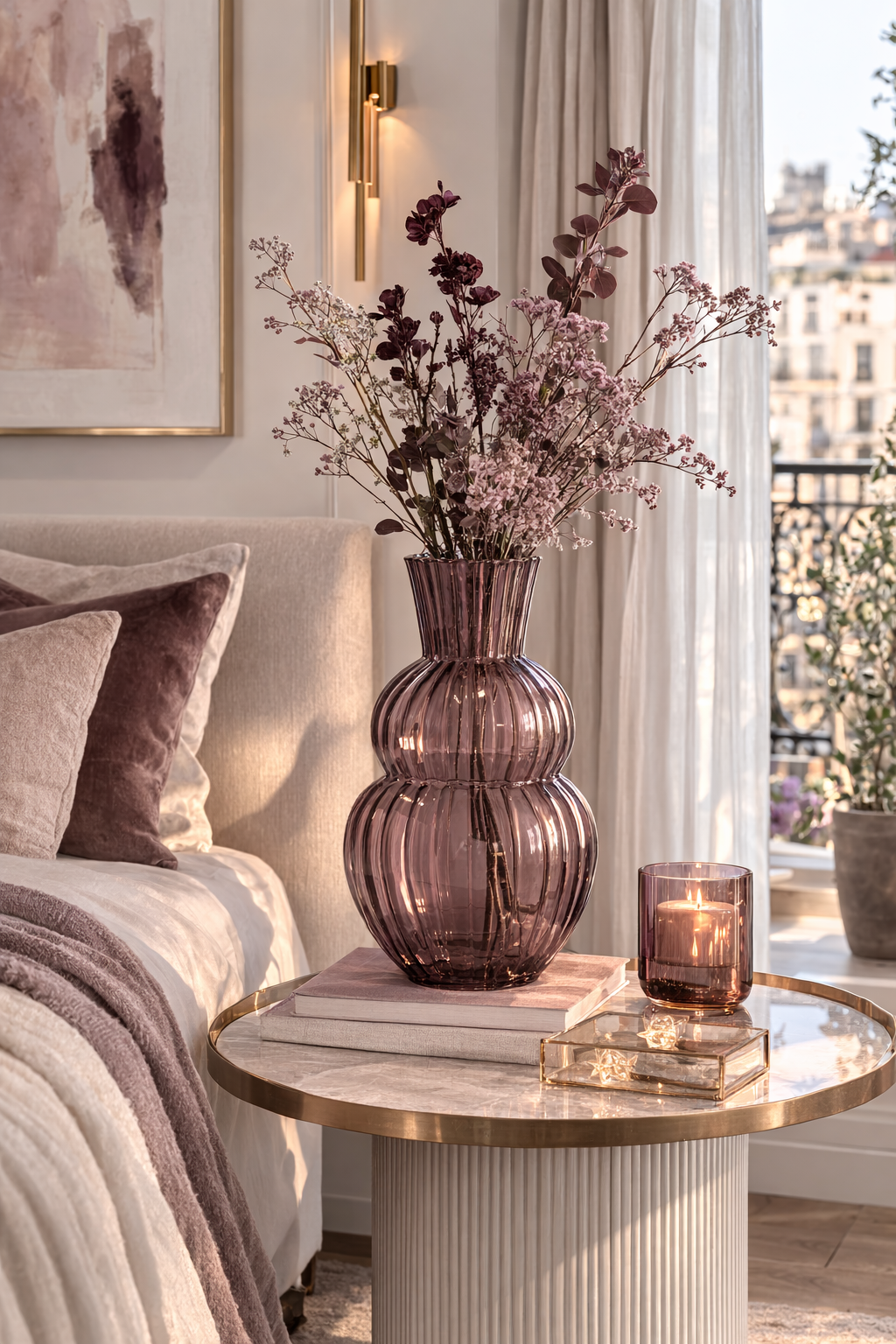 Purple ribbed glass vase with a double-gourd shape, holding various flowers, on a marble and gold side table in a bedroom.