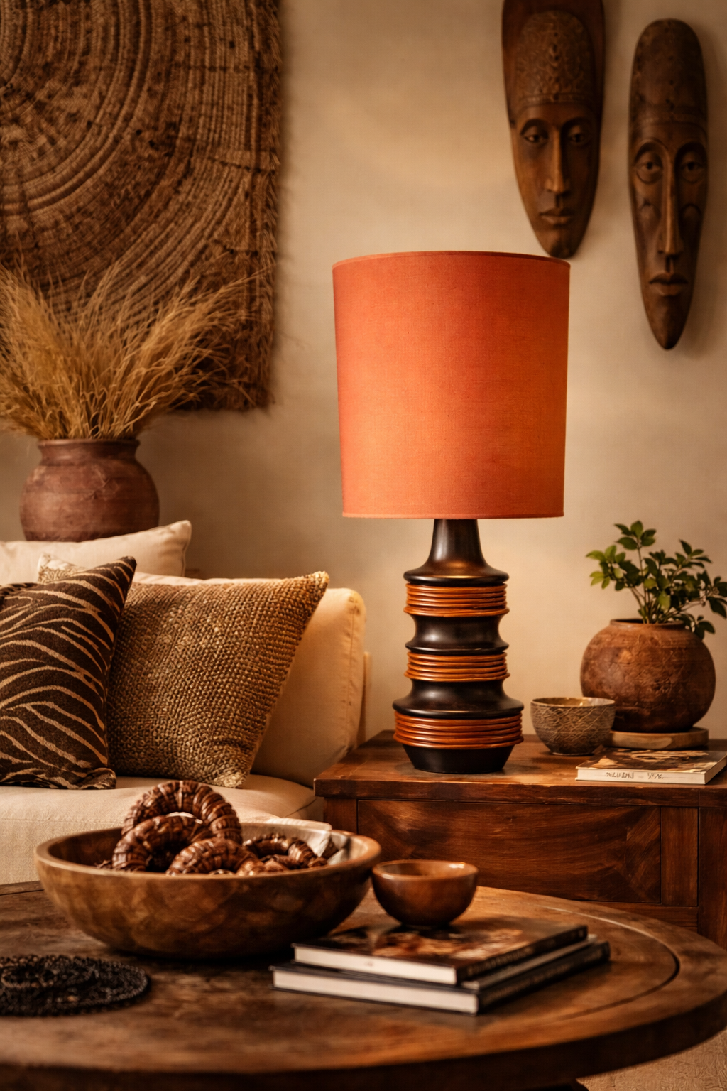 Orangered fabric table lamp with a dark brown stacked base and reddish-brown rings, on a wooden side table.