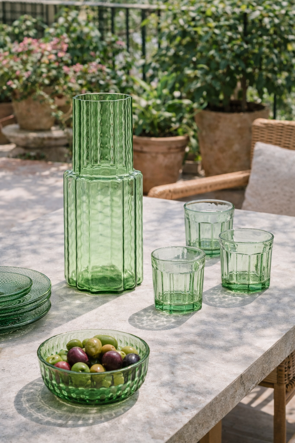 Green glass vase with a ribbed, wavy texture, standing on an outdoor table surrounded by matching glassware and olives.