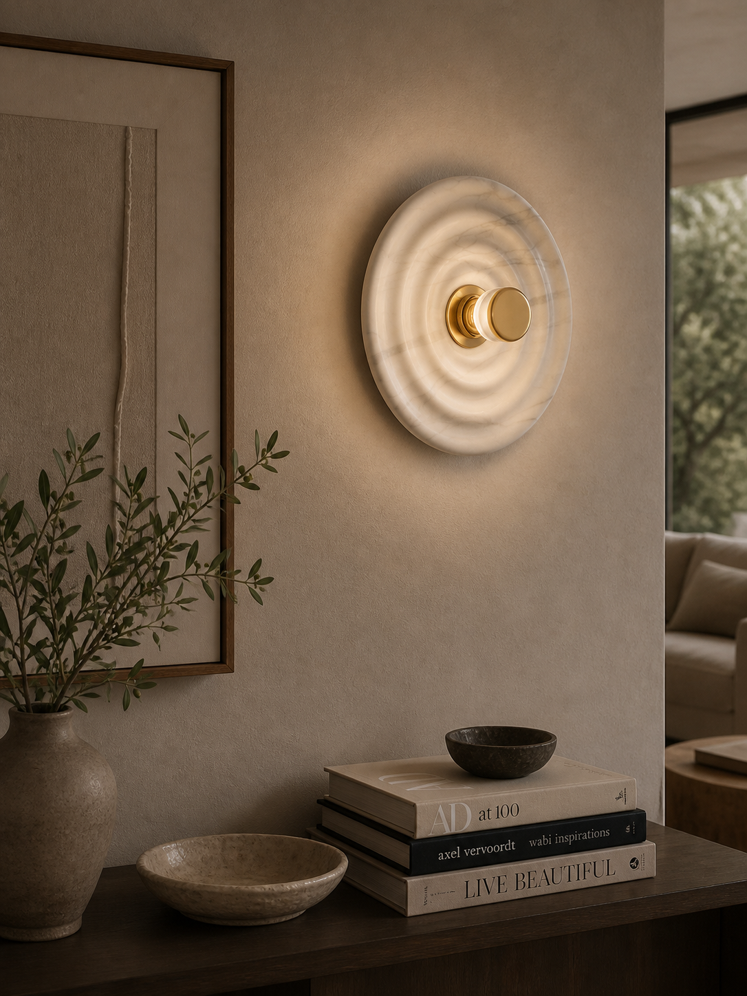 Round waves wall lamp with a translucent marble-like ripple pattern and a central brass knob, emitting a warm glow.