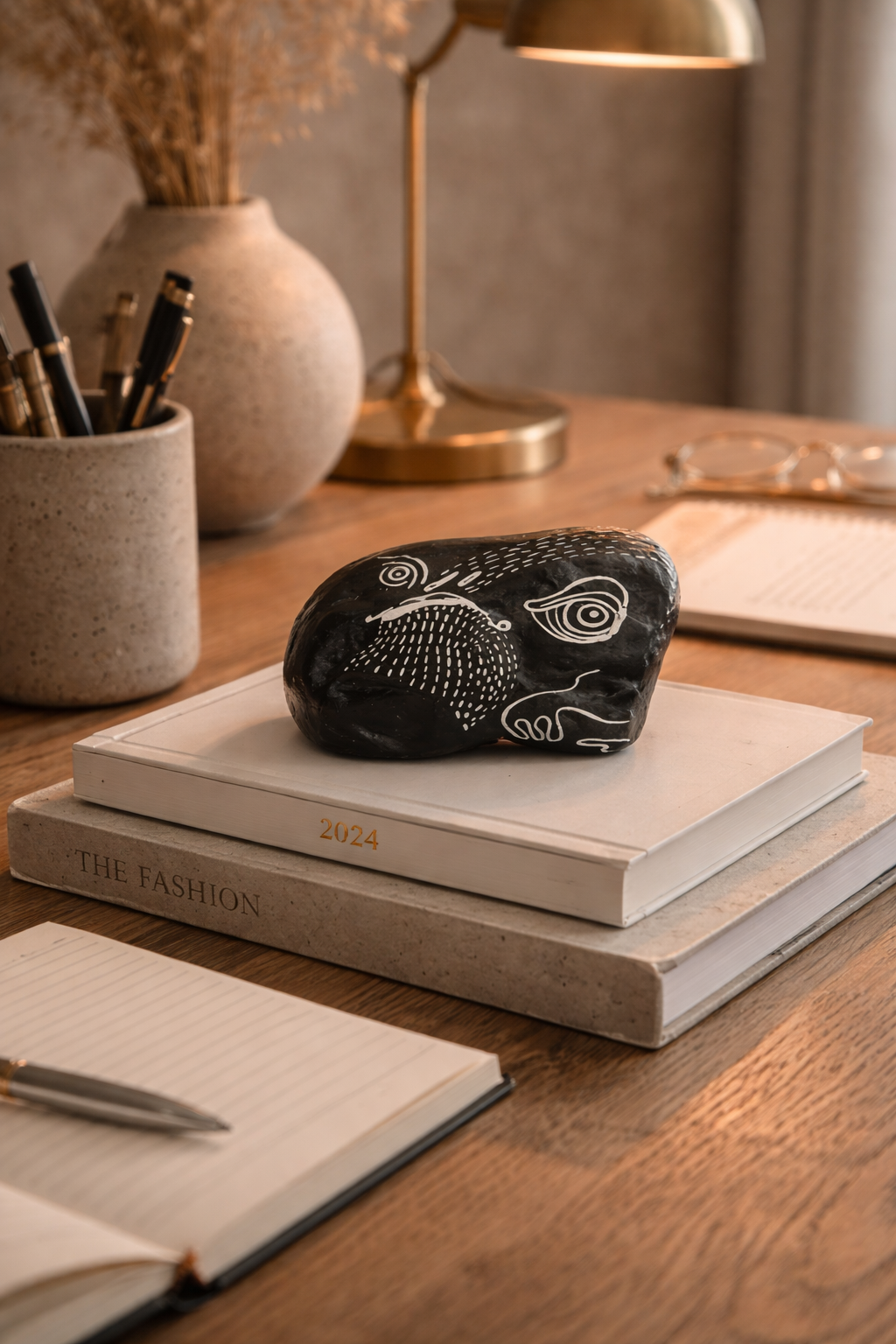 Black whale-shaped stone by WhaleStone, featuring white abstract line drawings, sitting on books on a wooden desk.