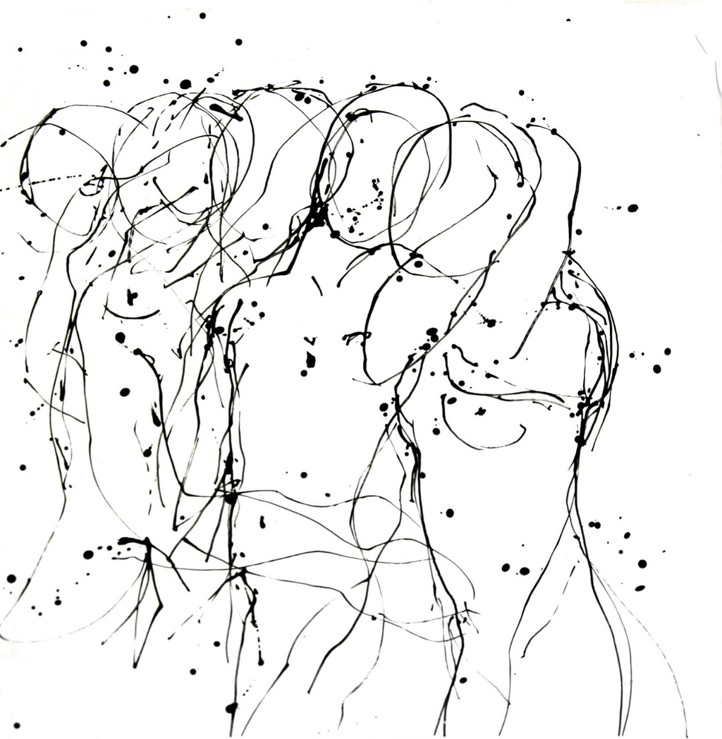 Black and white abstract Whisper Lines painting depicting five fluid, interconnected figures with ink splatters.