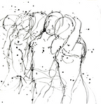 Black and white abstract Whisper Lines painting depicting five fluid, interconnected figures with ink splatters.