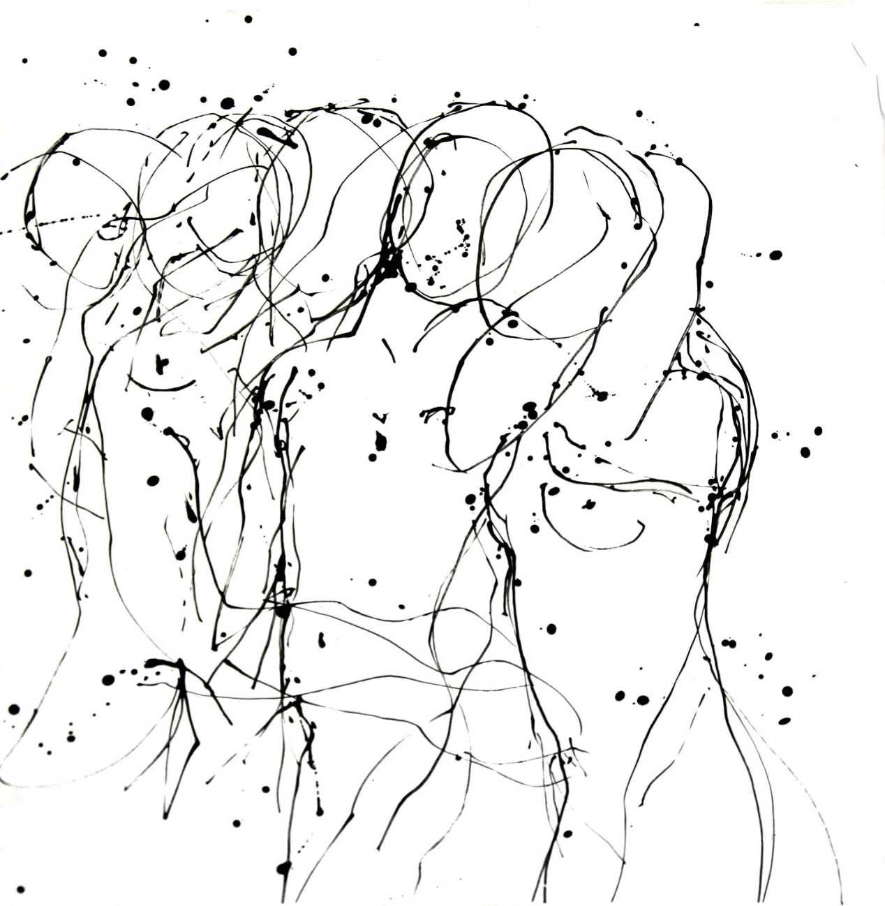 Black and white abstract Whisper Lines painting depicting five fluid, interconnected figures with ink splatters.
