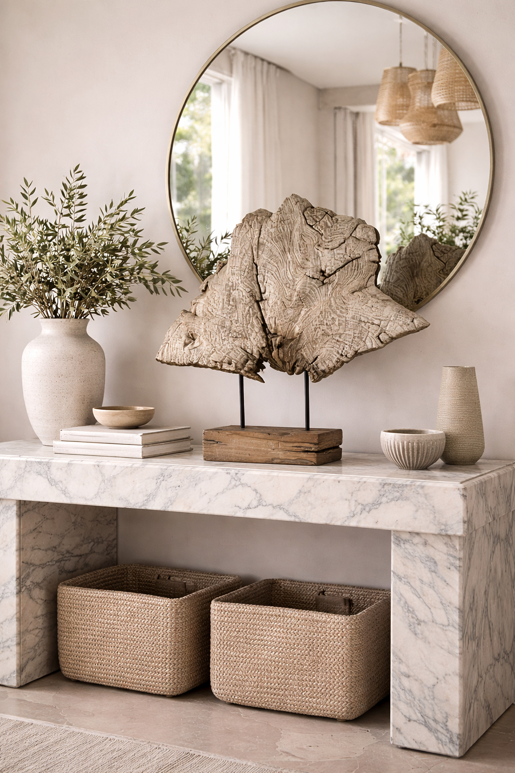 Textured, abstract wood decor piece on a dark stand with a rustic wood base, displayed on a marble console table.