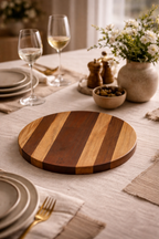 Round wood board by JS with alternating light and dark brown stripes on a dining table.