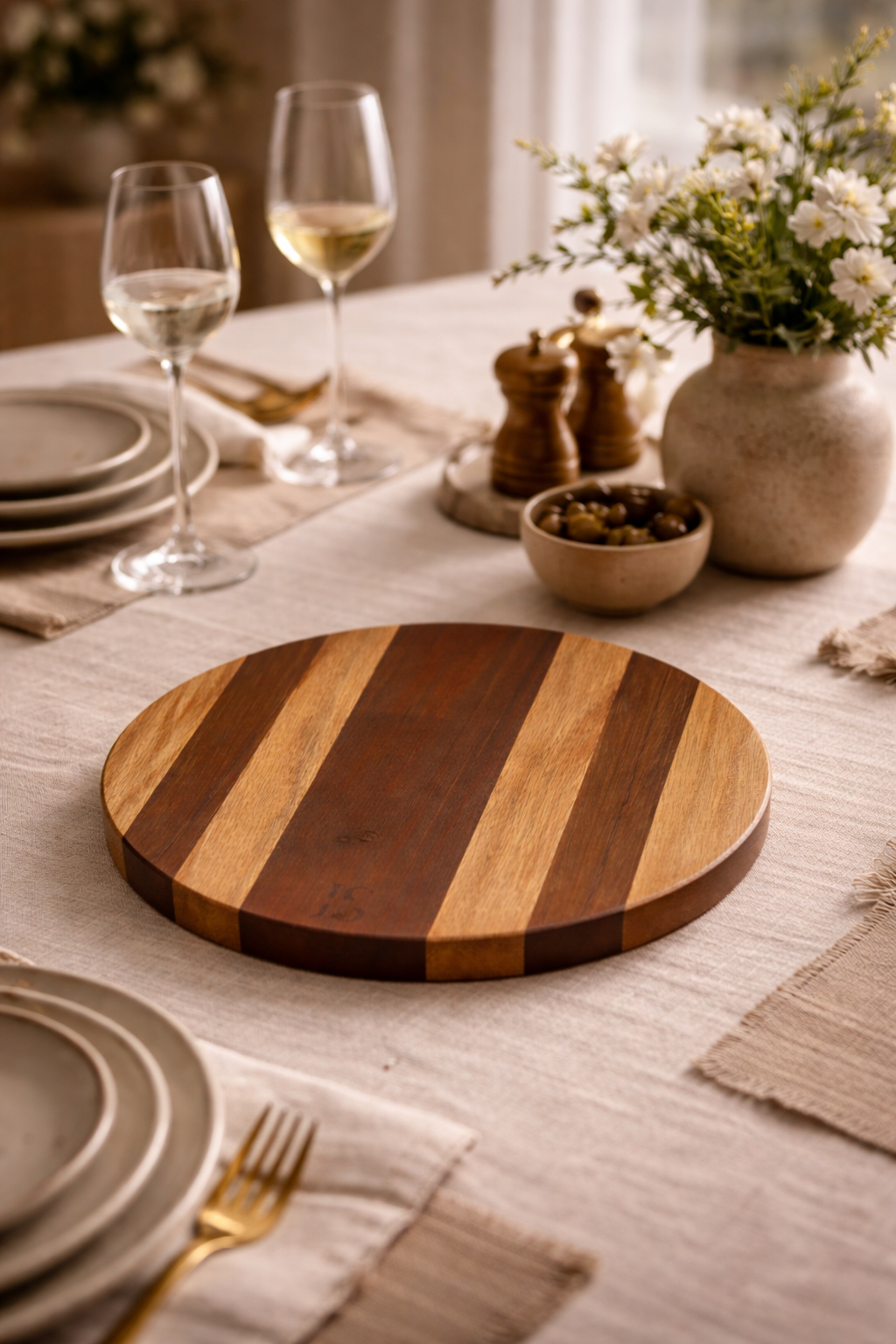 Round wood board by JS with alternating light and dark brown stripes on a dining table.