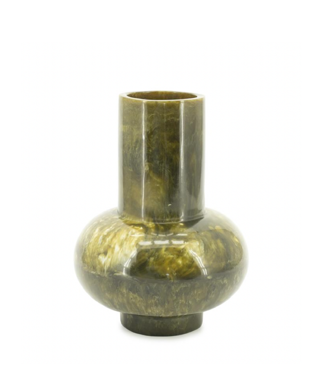 Green vase by Object and Story with swirling resin pattern.